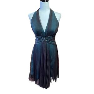 Badgley Mischka Halter Beaded Embroidery Pleated Tulle Silk Formal Dress-Size 10
